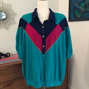 Vintage 80s 90s Alfred Dunner Color Block Blouse Top 3X Short Sleeve Made in USA